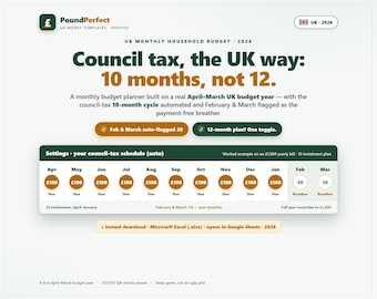 UK Budget Spreadsheet | Monthly Planner, Council Tax 10-Month Cycle (2026)