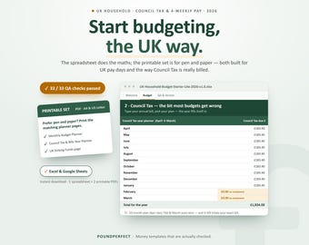 Modèle de budget familial au Royaume-Uni | Taxe d'habitation, salaire toutes les 4 semaines (Excel, Google Sheets)