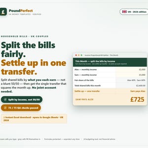 Puede incluir: Una plantilla digital titulada PoundPerfect para parejas británicas para dividir facturas del hogar según ingresos. Incluye texto explicativo, una tabla de cálculo con ingresos mensuales y un monto de transferencia final de 725 £.