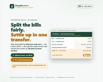 Couples Bill Splitter Spreadsheet | Income Proportional UK Finances (Excel/Sheets)