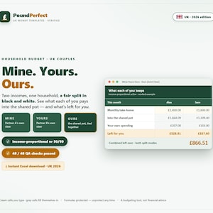 May include: A digital household budget template for UK couples titled Mine. Yours. Ours. featuring a dark green and white interface. It includes a table showing monthly take-home pay, shared pot contributions, and personal spending for two individuals.