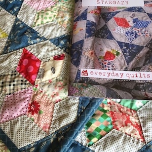 May include: A quilt pattern book featuring a blue and white patchwork quilt on the cover. The book title is "Stargazy" and the publisher is "everyday quilts".