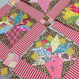 May include: Close-up of a patchwork quilt block with a star design. The star is made of various colorful fabrics with floral and geometric patterns. The block is surrounded by a red and white striped border and a brown leopard print border.