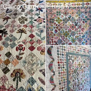 May include: Three quilt blocks featuring a patchwork design with floral and geometric patterns. The blocks are made with a variety of fabrics in shades of pink, blue, green, and white. The text "Calico Garden @msg47" is visible in the top left corner.