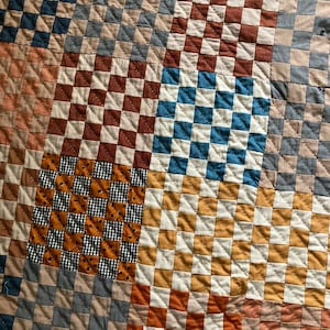 May include: A patchwork quilt made of squares of different coloured fabrics. The squares are arranged in a checkerboard pattern. The quilt is made of a variety of fabrics, including brown, blue, orange, and white.