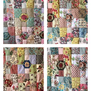 K&ouml;nnte beinhalten: Eine Patchwork-Decke mit einem sechseckigen Muster in verschiedenen Blumenprints. Die Decke besteht aus verschiedenen Farben, darunter Pink, Rot, Gr&uuml;n, Blau und Gelb.