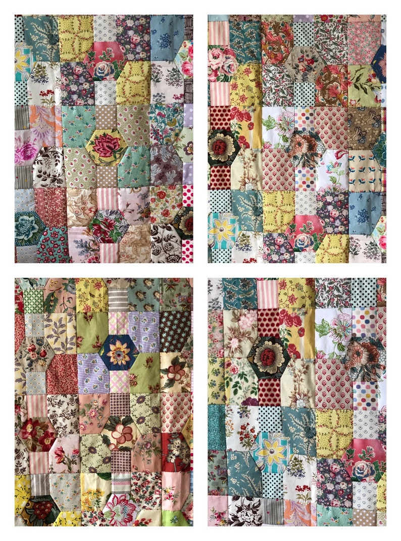 K&ouml;nnte beinhalten: Eine Patchwork-Decke mit einem sechseckigen Muster in verschiedenen Blumenprints. Die Decke besteht aus verschiedenen Farben, darunter Pink, Rot, Gr&uuml;n, Blau und Gelb.