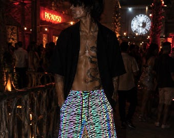 Reflective Zebra Rave Shorts | Ibiza Festival Shorts | Holographic Neon Party Shorts | Y2K Streetwear Summer Shorts | Ruined Future