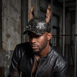 Chapéu de orelhas de Doberman feito à mão | Boné punk com spikes | Chapéu gótico streetwear | Acessório para a cabeça para cyber raves | Boné alternativo para festivais | Presente exclusivo para filho ou parceiro