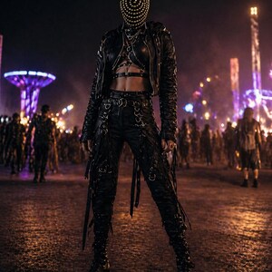 Puede incluir: Una persona con un atuendo de cuero negro con una m&aacute;scara con dise&ntilde;o de espiral. El atuendo incluye una chaqueta corta, un arn&eacute;s y pantalones con correas y detalles met&aacute;licos. La persona est&aacute; de pie en una multitud por la noche, con estructuras iluminadas al fondo.