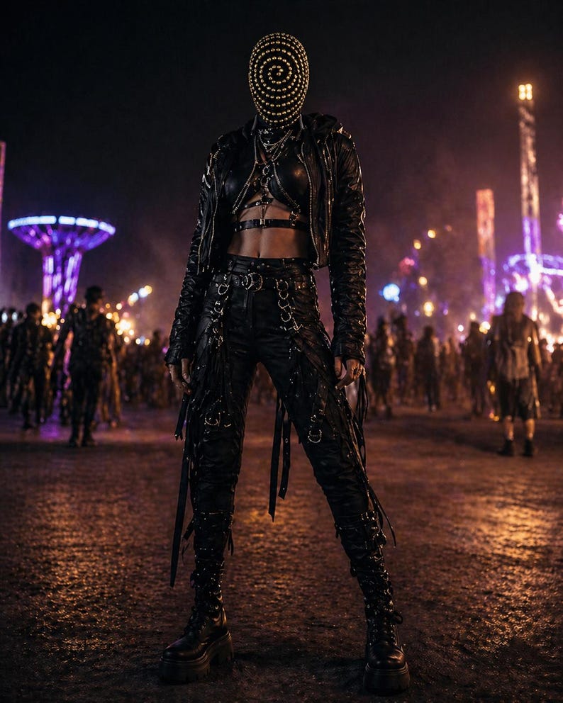 Puede incluir: Una persona con un atuendo de cuero negro con una m&aacute;scara con dise&ntilde;o de espiral. El atuendo incluye una chaqueta corta, un arn&eacute;s y pantalones con correas y detalles met&aacute;licos. La persona est&aacute; de pie en una multitud por la noche, con estructuras iluminadas al fondo.