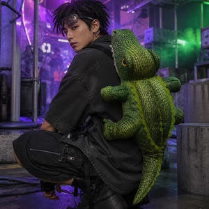 Mochila Bass Gator / Bolso de peluche de cocodrilo para fiestas / Mochila divertida para festivales / Mochila Y2K Gator / Bolso de cocodrilo original en verde o azul / Regalo para DJ