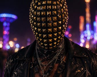 Máscara facial completa para festivales con tachuelas doradas / Máscara para raves cyberpunk / Máscara con tachuelas piramidales / Máscara de estilo vanguardista para clubes nocturnos / Máscara para disfraces de Halloween con un toque atrevido
