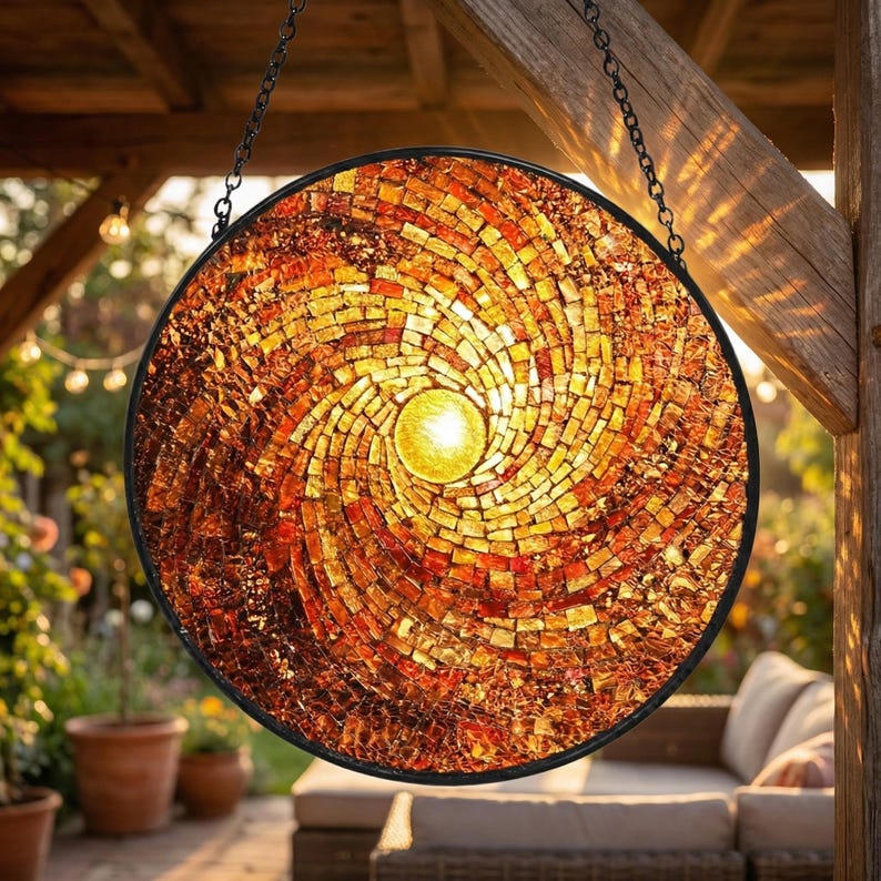 May include: A round, mosaic glass suncatcher with a spiral design in shades of orange, yellow, and red. The suncatcher is framed in black and hangs from a chain. The mosaic is made of small, square tiles.