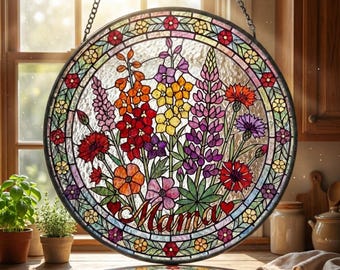 Gepersonaliseerde Mama Garden Suncatcher – Geboortebloem glas-in-loodraam hangend – Moederdagcadeau