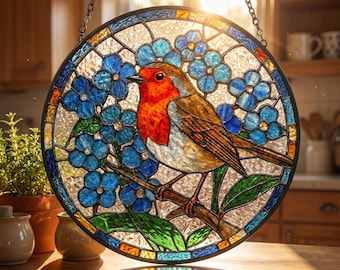 Robin glas-in-lood suncatcher, vergeet-mij-niet-bloemraam hangend, vogelliefhebber tuindecor