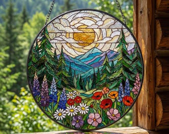 Forest Mountain Stained Glass Suncatcher – Nature Window Hanging – Mother’s Birthday Gift for Mom