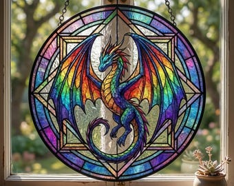 Rainbow Dragon Stained Glass Suncatcher, Celtic Fantasy Window Hanging, Dragon Lover Decor, Father’s Day Gift for Dad