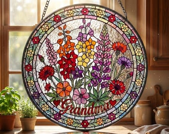 Personalisierte Mama Garten Suncatcher - Geburtsblume Glasmalerei Fensterschmuck - Oma Geburtstagsgeschenk