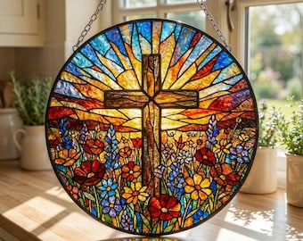 May include: A round stained glass window featuring a wooden cross set against a colorful sunset and a field of flowers. The window is framed in black and hangs from a chain. The colors include blue, orange, red, and yellow.