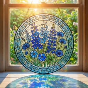 Blue Wildflower Stained Glass Suncatcher - Botanical Glass Window Hanging - Personalized Birthday Gift for Her