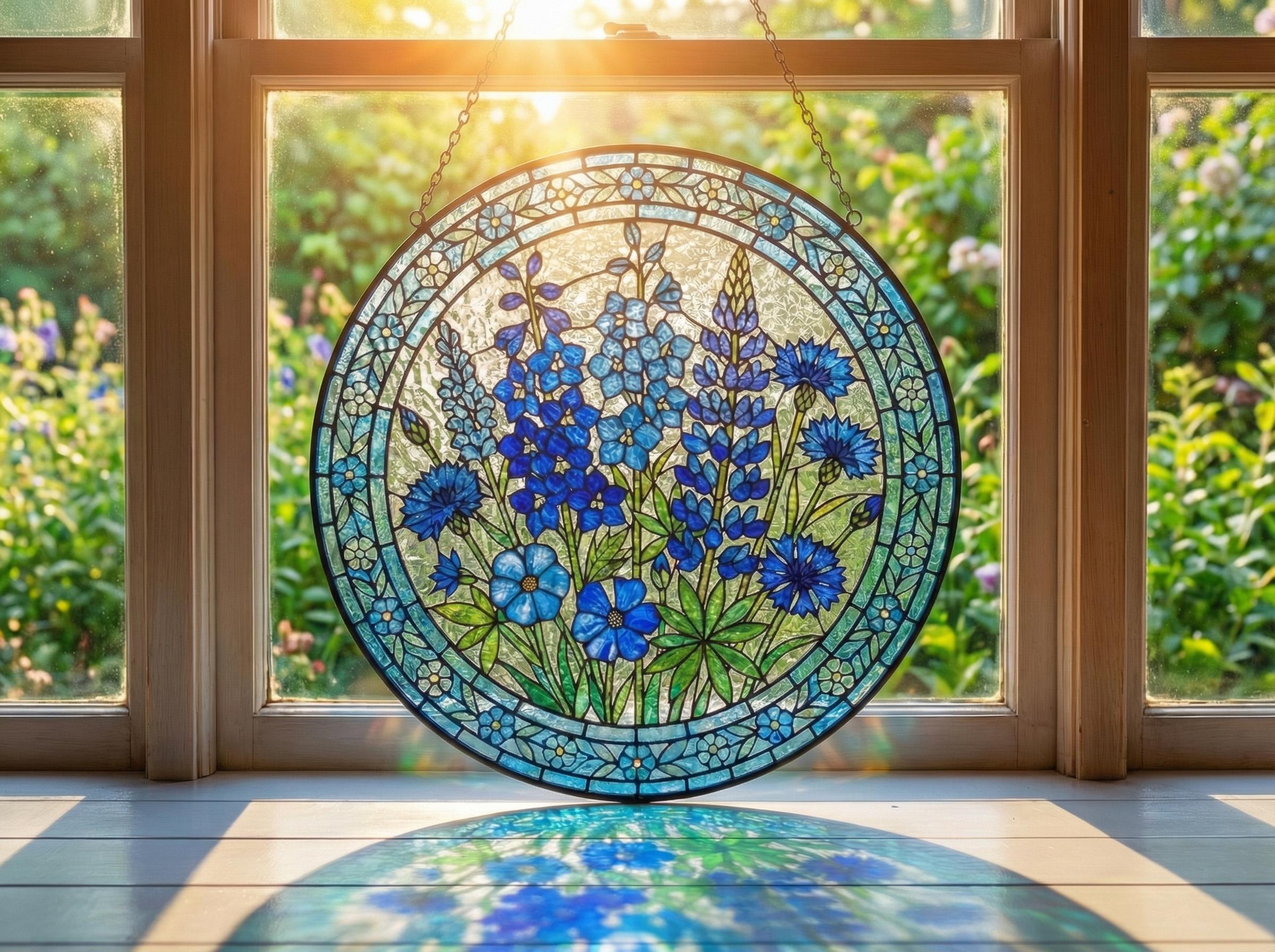 Panneau Vitrail Ancien Fleur De Lys – Verre Bleu, Vert, Métal, Accroche Fournie