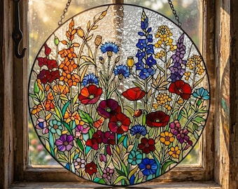 May include: A round stained glass window featuring a vibrant floral design. The artwork showcases a variety of colorful flowers, including red poppies, blue cornflowers, and yellow blooms, set against a textured glass background. The window is suspended by a chain.
