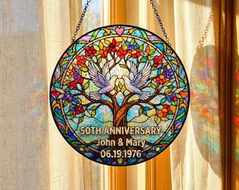 Personalized Anniversary Suncatcher, 50th Wedding Anniversary Gift for Parents, Stained Glass Window Art