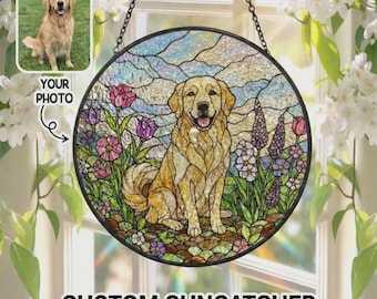 Custom Dog Portrait Suncatcher – Personalized Dog Mom Memorial Gift – Floral Stained Glass Window Art