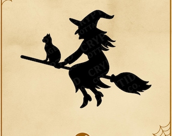 Witch Flying on Broom with Cat Silhouette | Halloween SVG | Spooky Cut File for Cricut & Laser Engraving | Instant Digital Download