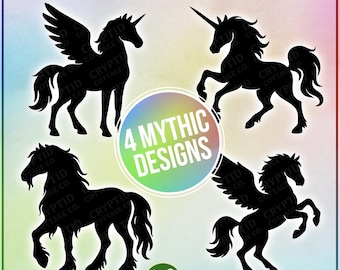 Lot de chevaux fantastiques SVG | 4 silhouettes de chevaux mythiques | Licorne, Pégase, Alicorne, Fantasy Horse | Téléchargement numérique instantané