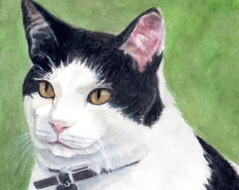 Tuxedo Cat Watercolor Portrait Art Print, Home Decor Cat Wall Art, Black and White Cat Painting by P. Tarlow