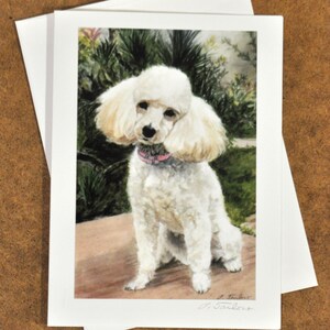 May include: A watercolor painting of a white poodle sitting on a wooden surface. The poodle has a pink collar and is looking to the left. The background is a blurred image of green plants.
