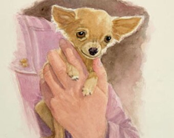 Chihuahua Art Print, Chihuahua Watercolor Print, Pocket Chihuahua Held in Hand Dog Art Print from Painting by P. Tarlow