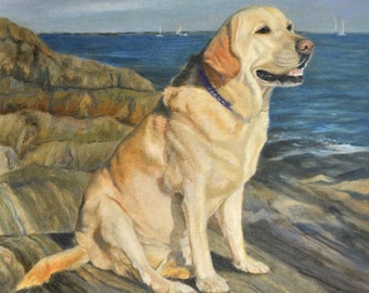 Yellow Labrador Retriever Art Print, Yellow Lab On Rocks Art, Yellow Labrador Print, from Yellow Labrador Oil Painting by P. Tarlow