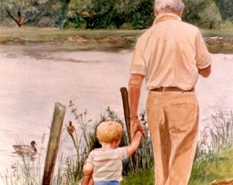 Grandpa and Grandson Art, Toddler Boy Art Print, Gift for Grandpa, Dad, Grandpa and Grandson in the Park Watercolor Art Print by P. Tarlow