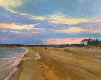 Shelter Island Sunset Beach Art Print, Wade's Beach OIl Landscape Painting, Home Decor Wall Art by P. Tarlow