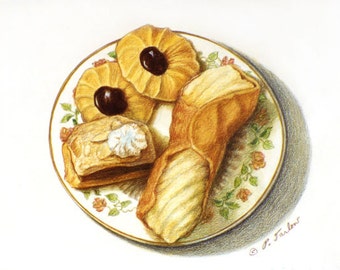 Food Art, Italian Pastries Desert Art Print,, Kitchen  Print, Gifr for Mom, Cannoli and Cookies Watercolor and Colored Pencil by P. Tarlow