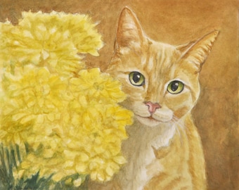 Orange Tabby with Yellow Flowers Art, Orange and White Cat Watercolor Art Print, Tabby Lover Gift, Orange Tabby Portrait by P. Tarlow