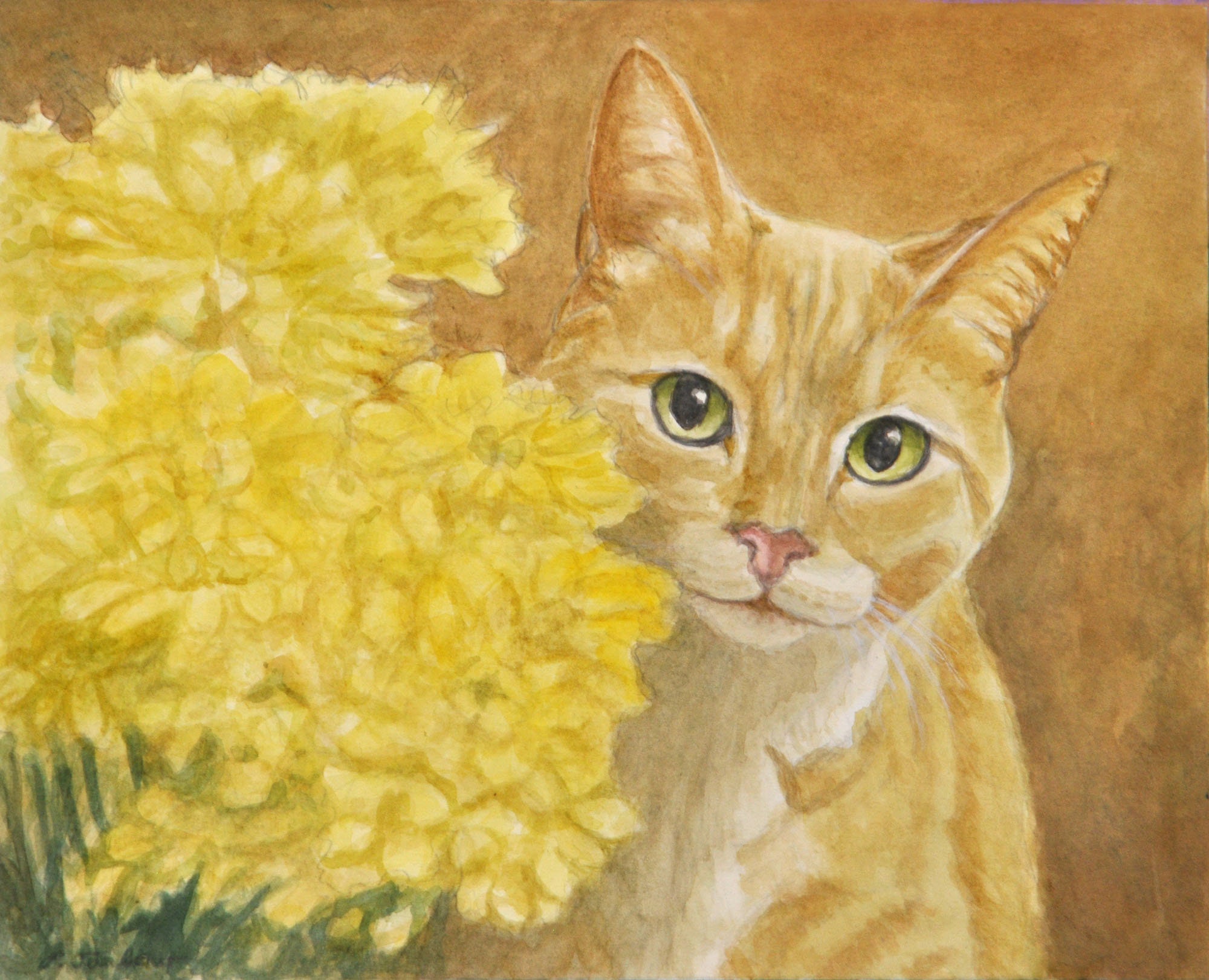 Tabby naranja con arte de flores impresion de gato naranja y blanco impresion de arte de acuarela de gato retrato de tabby naranja de Painting by P. Tarlow Etsy Mexico