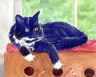 Tuxedo Cat Art, Black and White Cat Art Print, Black Cat with White Paws Print, Cat Wall Art from Watercolor Painting by P. Tarlow