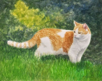 Orange Cat Art, Orange & White Cat Print, Cat Watercolor Art Print, Cat in Nature Painting by P. Tarlow