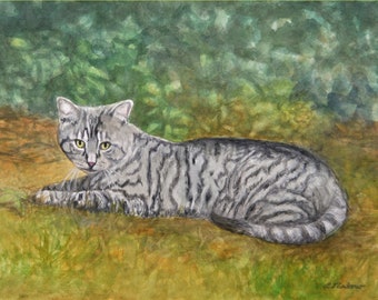 Tabby Cat Art Print, Tabby Cat Watercolor, Tiger Striped Tabby Art, Cat in Nature Print by P. Tarlow