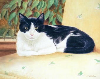 Tuxedo Cat Art Print, Black and White Cat on Chair Art, Cat Art Print from Watercolor Painting by P. Tarlow