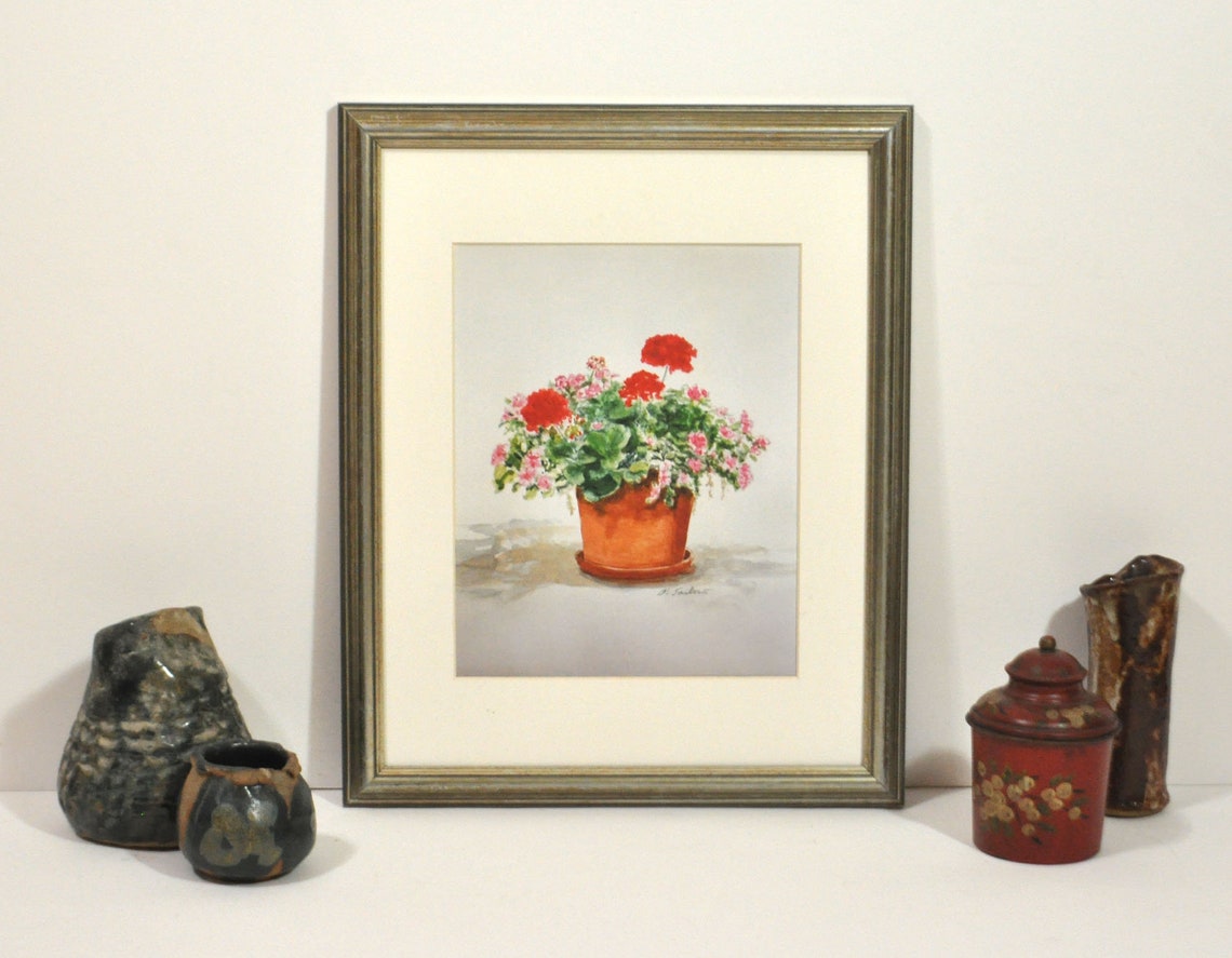 Geranium Art Print, Red Geraniums in Planter Art, Watercolor Spring ...