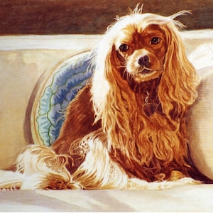 Cavalier King Charles Spaniel Art Print, King Charles Cavalier Dog Sitting on Sofa, Cavalier King Charles Spaniel Watercolor by P. Tarlow