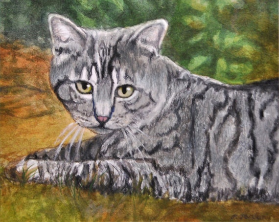 Tabby Cat Art Print, Tiger Cat Print, Striped Tabby Cat Art, Gray and Black  Tabby Cat Watercolor, Tiger Cat Portrait by P. Tarlow 