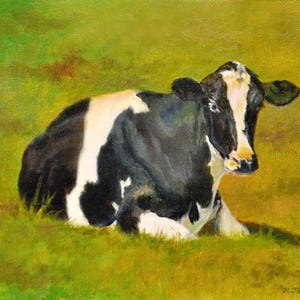 Holstein Cow in Pasture Art Print, Cow Oil Painting, Black and White Cow Art, Farm Animal, Home Decor Cow Wall Art by P. Tarlow