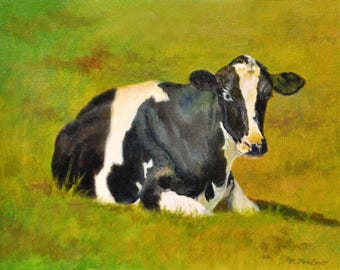 Holstein Cow in Pasture Art Print, Cow Oil Painting, Black and White Cow Art, Farm Animal, Home Decor Cow Wall Art by P. Tarlow