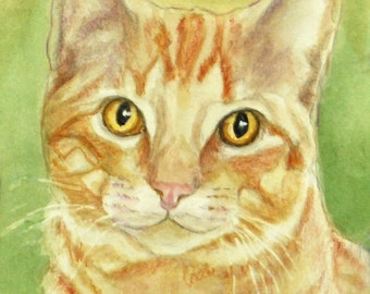 Orange Tabby Cat Art, Orange Cat Watercolor Print, Ginger Tabby Cat Art, Orange Tabby Portrait from Painting by P. Tarlow